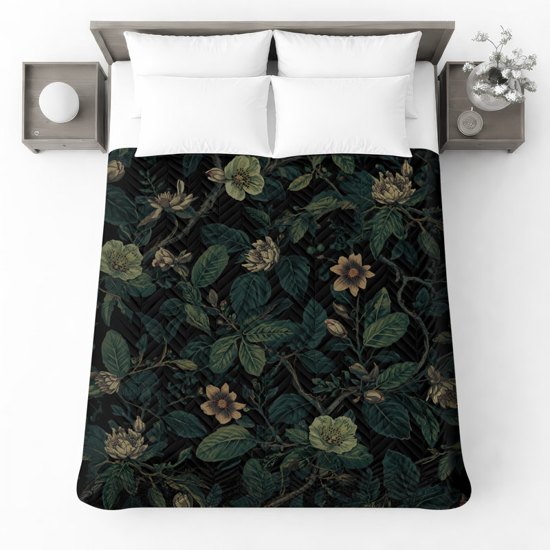 Couvre-lit matelassé à motif floral foncé, Grand lit