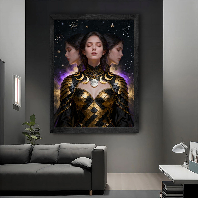 Art mural encadré noir, déesse de la lune rétro, impression de cadre mystique gothique céleste, H 11 po x l 9 po