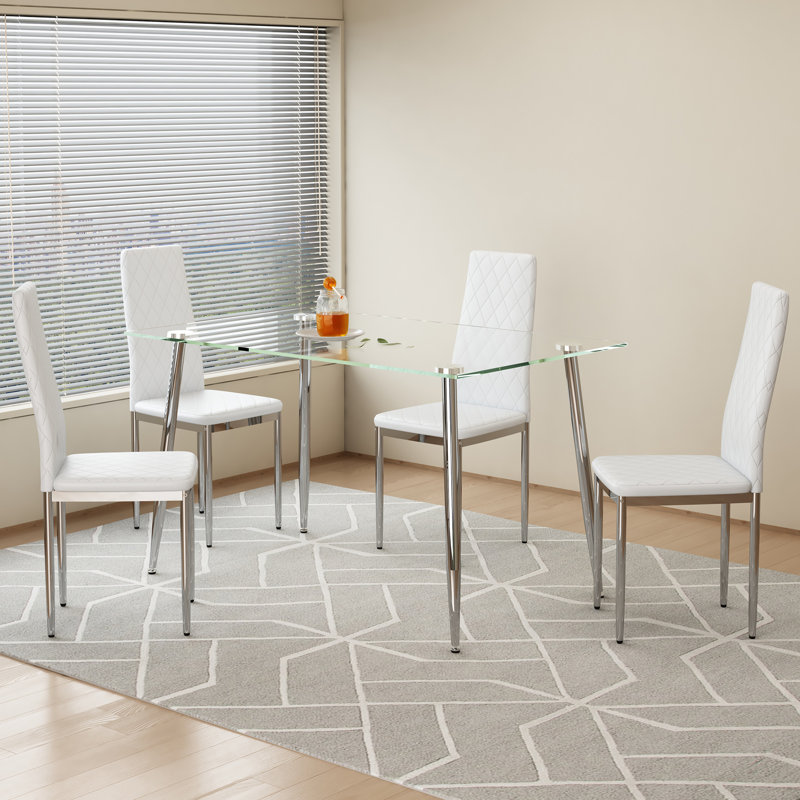 Ensemble de table de salle à manger 5 pièces rectangulaire - plateau de table en verre trempé (pieds en métal plaqué argent) et 4 chaises à haut dossier en métal (blanc)