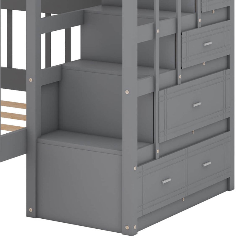 Lit superposé simple en bois avec rangement intégré et rails de sécurité fiables, Gris