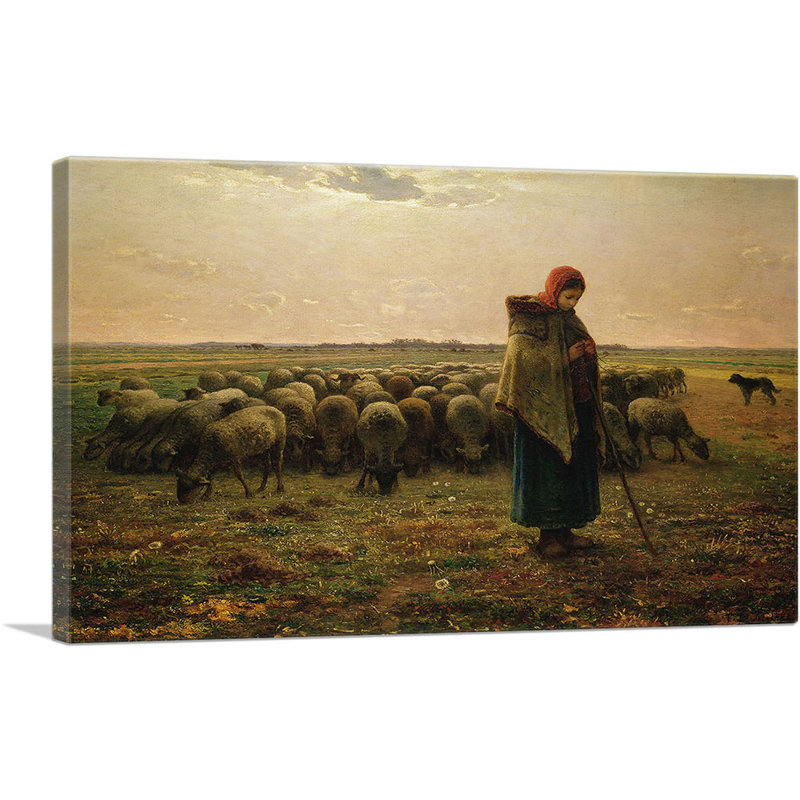 «Shepherdess with Her Flock 1864» par Jean-François Millet - reproduction d'art sur toile tendue