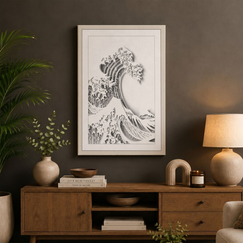 Wave in Motion Japandi - Wrapped Canvas, 36x24 - 91.4 x 61.0 cm, Cream Border