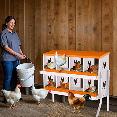 8-Compartment Galvanized Steel Chicken Nesting Boxes, 2-in-1 Wall-Mounted & Floor-Standing Hen Laying Boxes with Roll-Out Egg Tray for Outdoor Chicken Coops,With Bracket,Orange