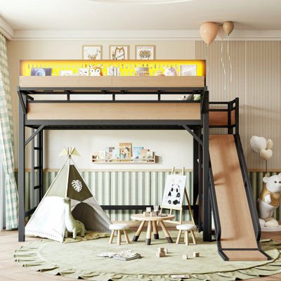 Lit mezzanine simple TG avec glissoire, tablettes de rangement et garde-robe intégrée, cadre de lit mezzanine en métal avec ports USB et lumières DEL, avec panneau perforé, sécuritaire et solide