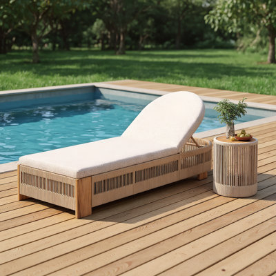 Outdoor Rope Chaise Lounge w/Adjustable Backrest, Teak Look Acacia Wood Side Table & Beige Water-Resistant Cushion