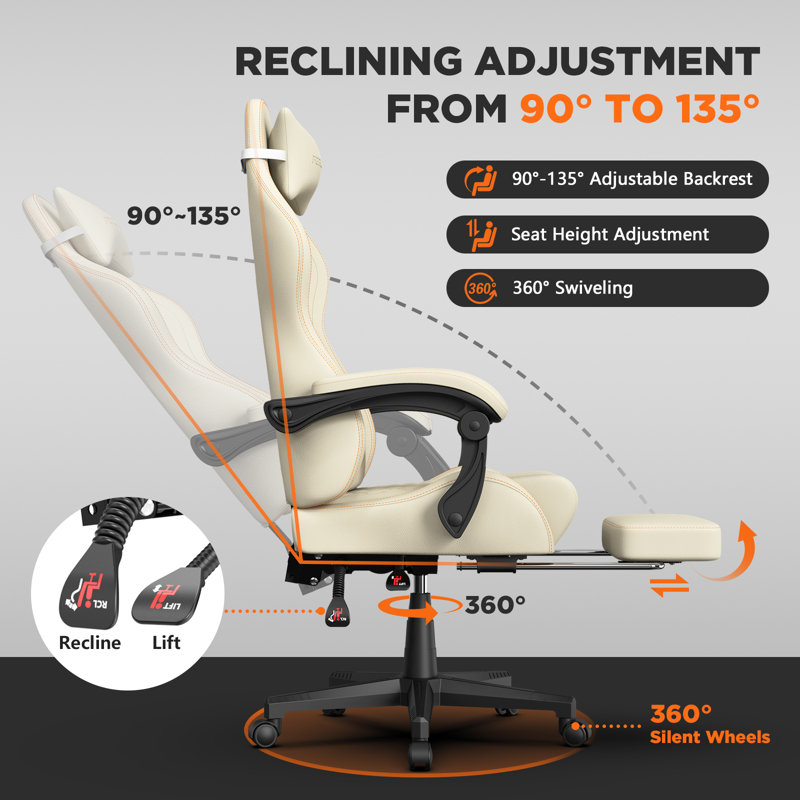 Soontrans Gaming Chair with Footrest Computer Ergonomic Office Chair with Massage Lumbar Support & Headrest, High Back Vintage Game Chair for Adults and Kids, White