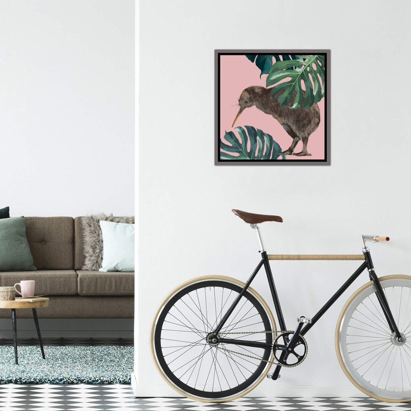 Kiwi oiseau avec monstera art, H 18 po x l 18 po x P 1,5 po, Toile encadrée de bois rustique foncé