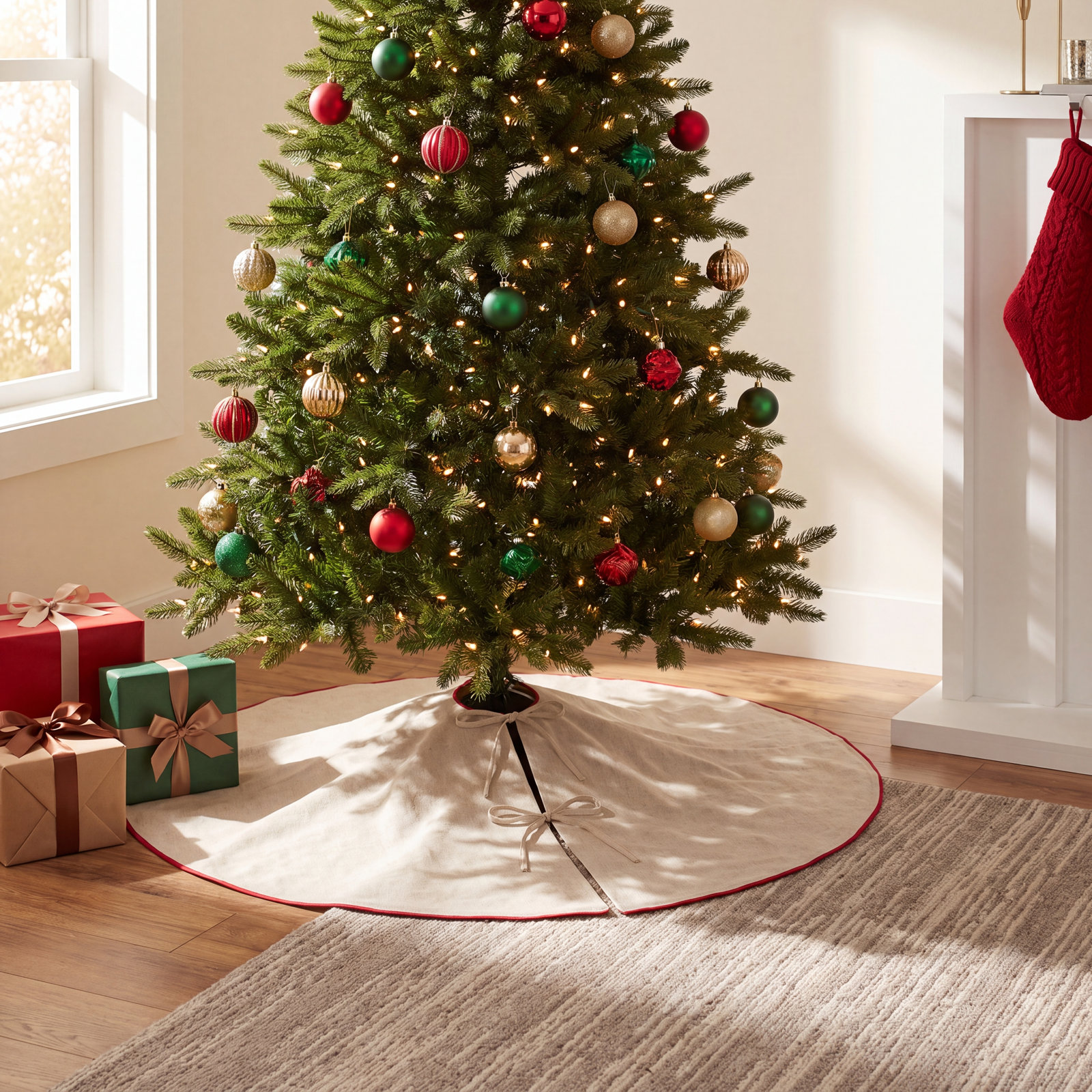 Nylah Tree Skirt, 56", Natural/Red Piping