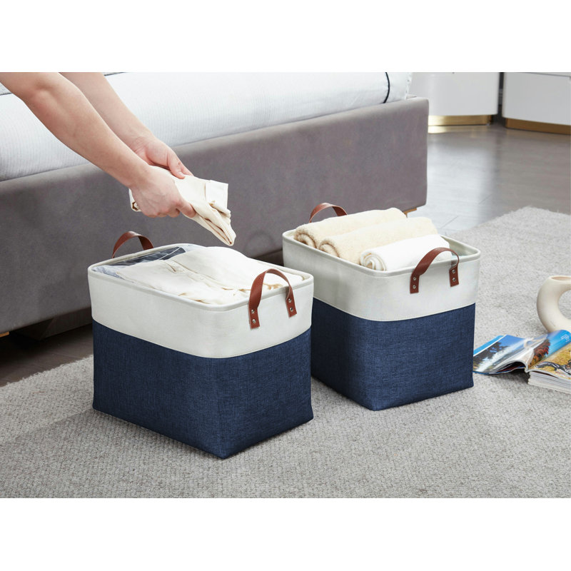 Foldable Storage Bin | Collapsible Sturdy Fabric Storage Basket Container W/Handles, Navy Blue and White