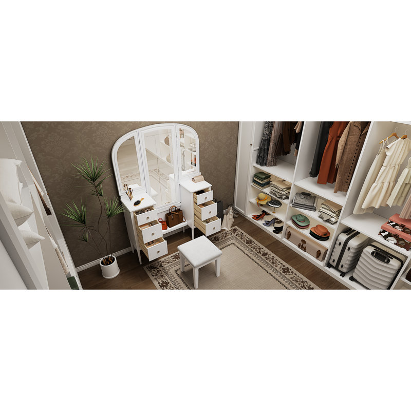 Antique Style Makeup Vanity With Triple Mirror, 6 - Drawer Storage Solution, Comfortable Stool And Full Length Mirror For Bedroom White Drawers, Upholstered Comfort Dressing