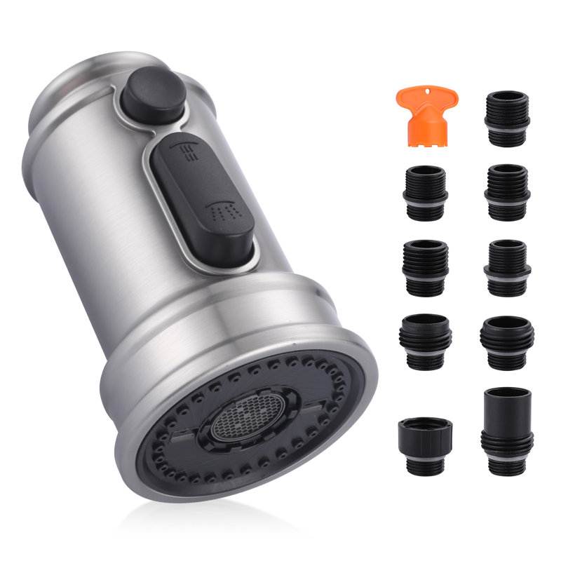 Robinet de cuisine en acier inoxydable de remplacement 3 modes avec 9 adaptateurs, Nickel brossé