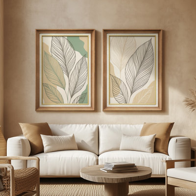 «Neutral Leaf Line Botanical Modern Organic», ensemble de 2 reproductions d'art encadrées de qualité supérieure sur papier 26 po x 36 po