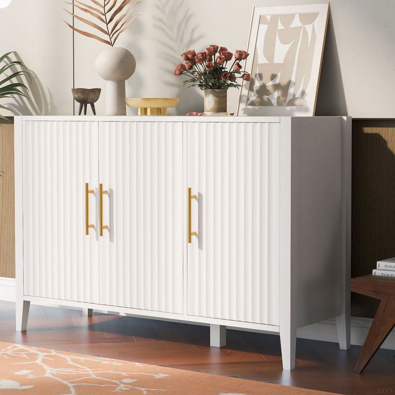 Wavy 3-Door Sideboard With Solid Pine Legs, Painted Finish Storage Cabinet With American Style For Living Room, Entryway, Kitchen, And Home Office.