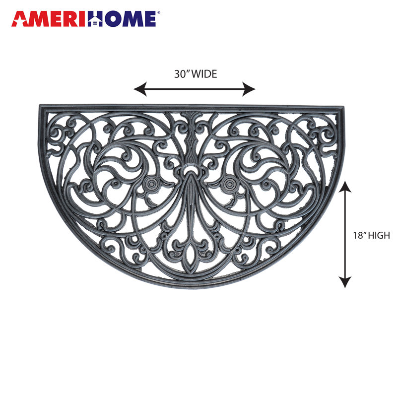 Decorative Black Scrollwork Rubber Semi-Circle Entry Mat 18 x 30 in.