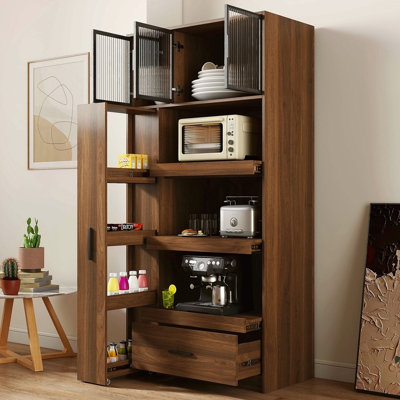 70.87" Tall Kitchen Pantry Cabinet With Multi-Functional Pull-Out Multi-Tier Storage Shelf, 1 Drawers,With Aluminum Frame Glass Door,Freestanding Food Hutch With Microwave Stand For Dining Room