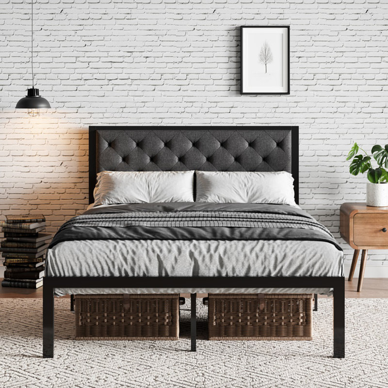 Katri Upholstered Metal Platform Bed, Queen, Dark Gray