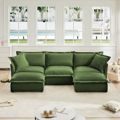Slipcovered U Shape Sectional Deep Seat Sofa Couch, 3 Seater Sofa With French Edges Design Multiple Big Pillows, Modular Deep Seat Sectional Sofa Comfy Cloud Couch For Living Room, Apartment,Chenille