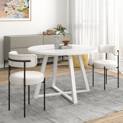 3-Piece Round Dining Set, Trestle Dining Table with 2 Boucle Chairs