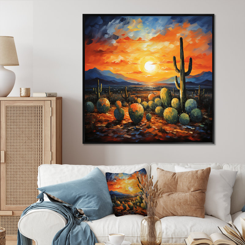 Cactus coucher de soleil, désert, rêves au Mexique I - désert, art mural encadré, H 36 po x l 36 po x P 1,5 po