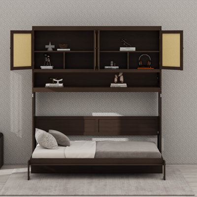 Twin Size Murphy Bed Cabinet With LED Light & Charging Station, Wood Murphy Bed Frame With Storage Cabinet And Rattan Doors