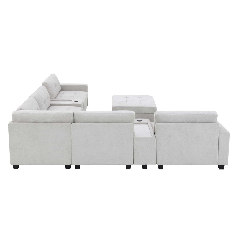 Ensemble de canapé en chenille en U, Chenille gris pâle