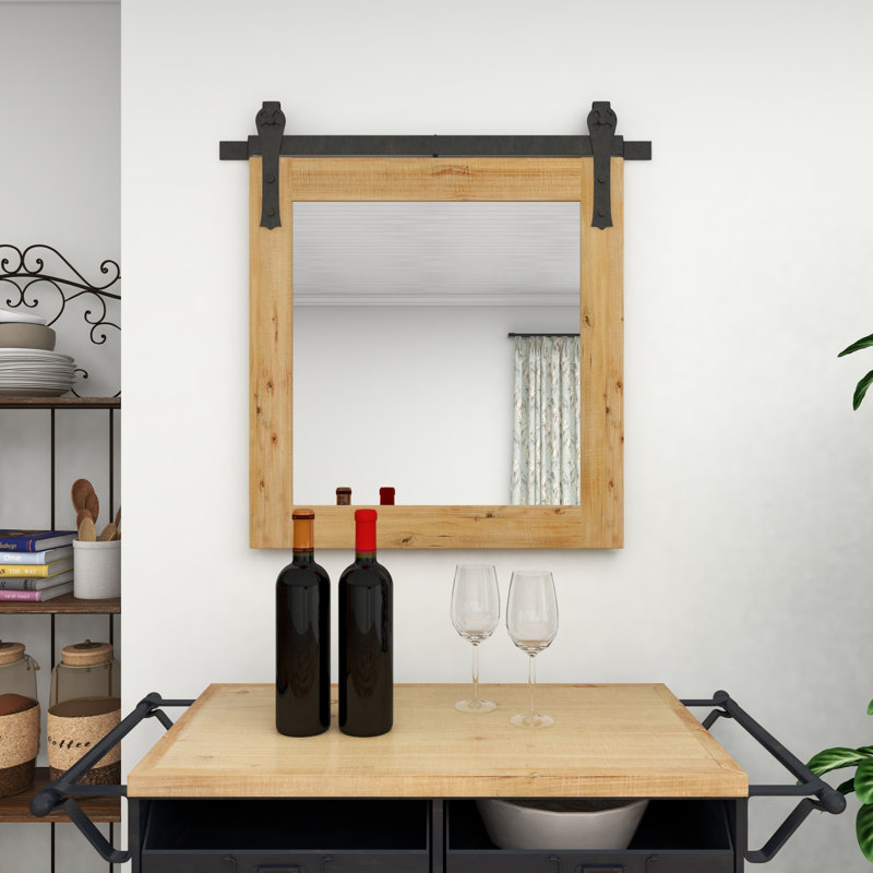 Wood Room Wall Mirror with Black Metal Hanging Rod, 31" x 31"