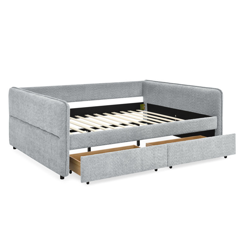 Stylish Upholstered Daybed With Trundle And Two Drawers In Grey Boucle Fabric Bed Fashionable