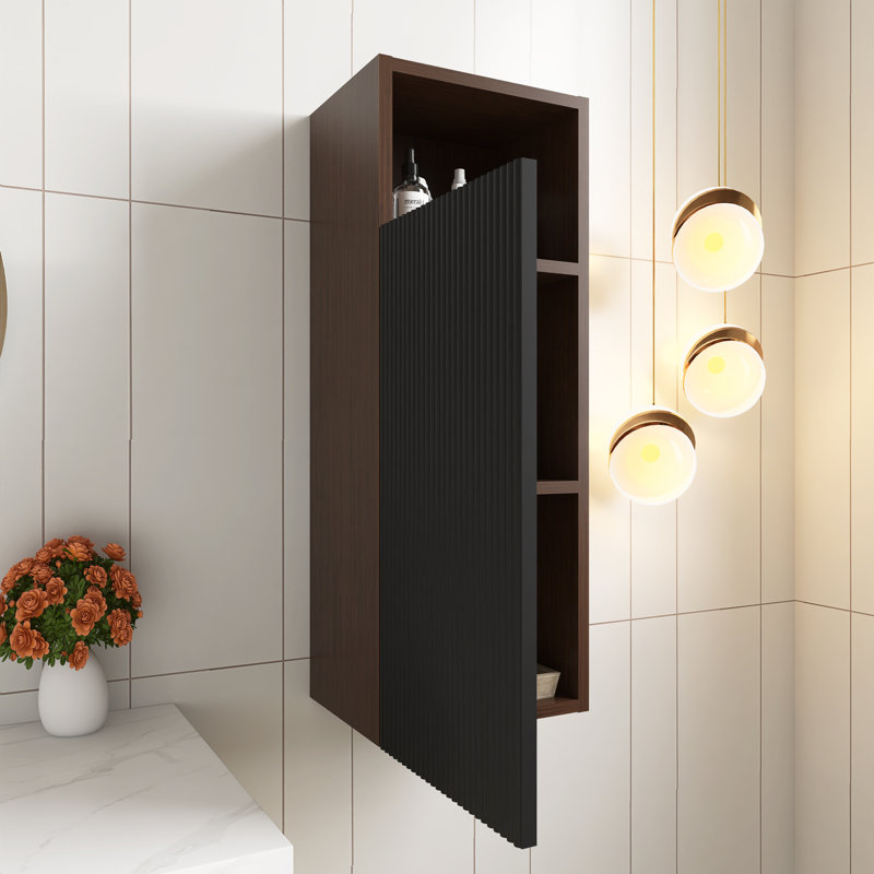32" Tall Bathroom Wall Mounted Cabinet, Black Dark Walnut  Storage Cabinet With Door And Shelves