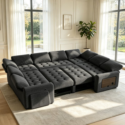 Canapé-lit modulaire en forme de U à 8 places avec lit escamotable, table d'appoint, rangement caché, ports USB et DEL, canapé convertible multifonctionnel en chenille de 102 po pour le salon et l’appartement