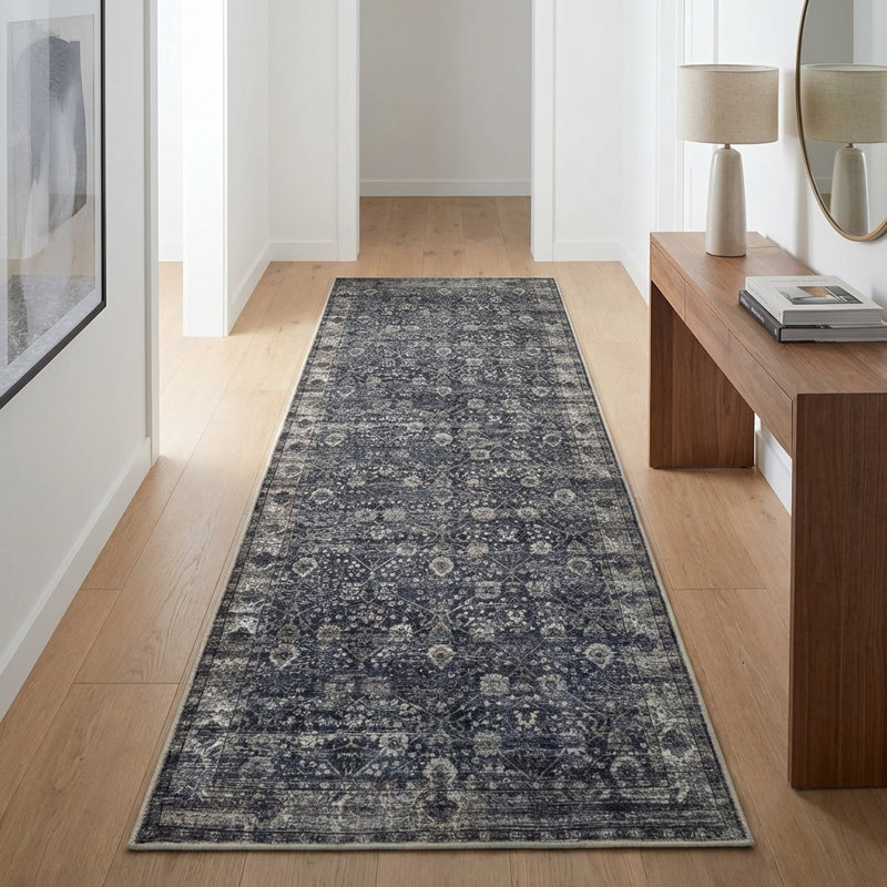 Washable Non-Slip - Black / Brown Traditional Oriental, Runner 2'6" x 12'