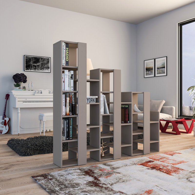 Modern Staircase Design Divider Bookcase with 21 Open Shelves, Light Mocca