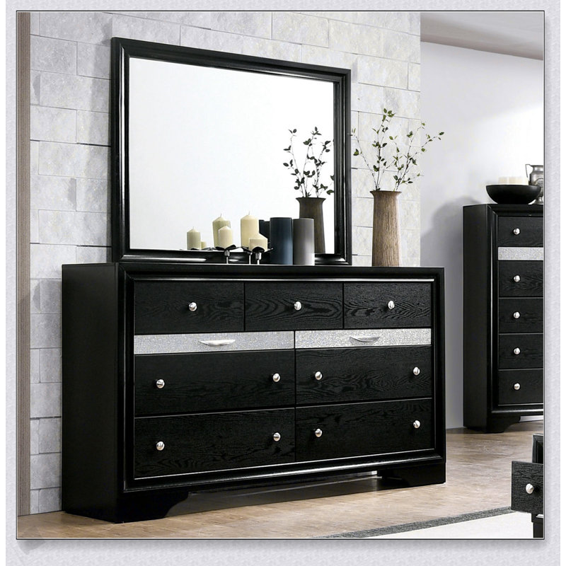 Commode noire élégante avec miroir assorti, tiroir à bijoux caché et fabrication en queue d'aronde anglaise durable pour les chambres modernes
