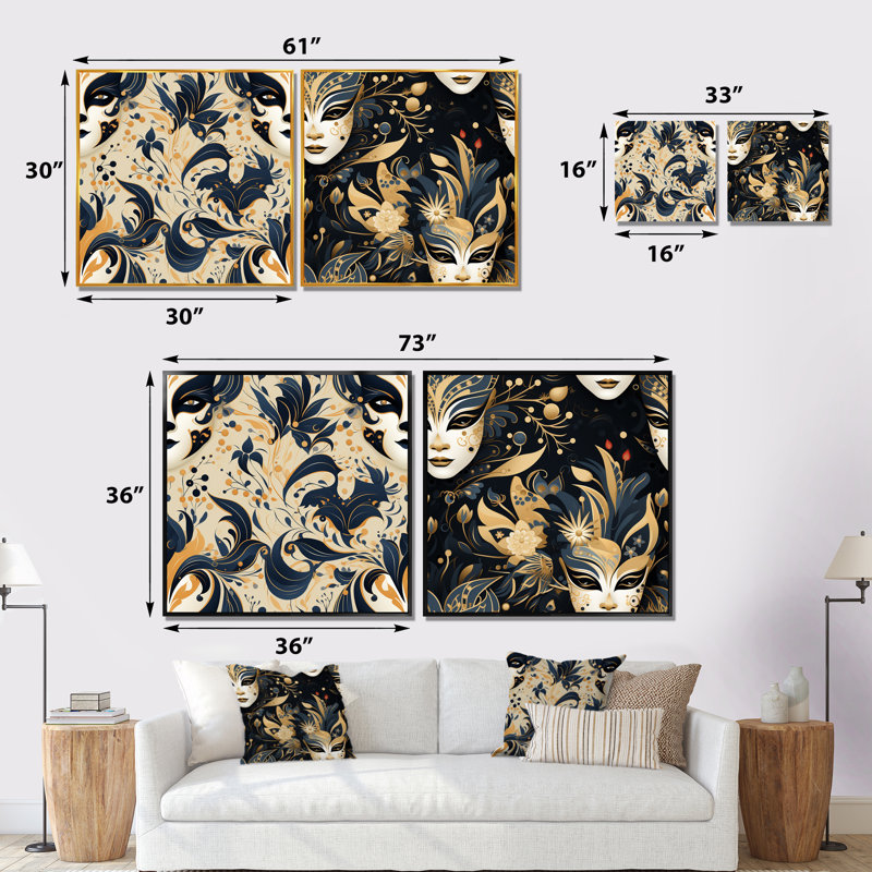 Motif doré Venice Masquerade II - ensemble de 2 décorations murales abstraites, Cadre blanc, H 30 po x l 61 po x P 1 po