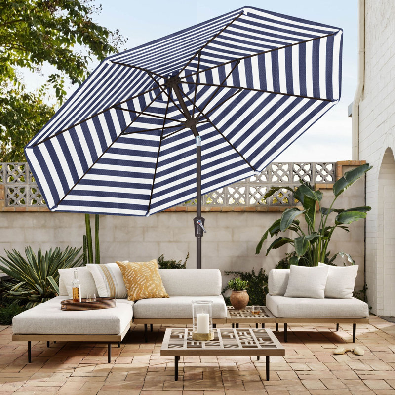 Parasol de marché en oléfine 9 'avec inclinaison et manivelle, Rayures bleu marine