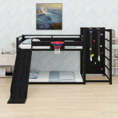 All-In-One Adventure Bunk Bed: Basketball Hoop, Climbing Wall, Pull-Up Rings, Slide & Bookshelves