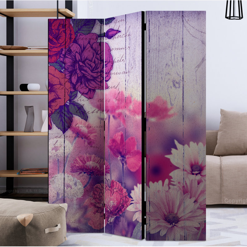 Janig 172 cm H Solid Wood Folding Room Divider, 3, Ivory/Pink/Purple
