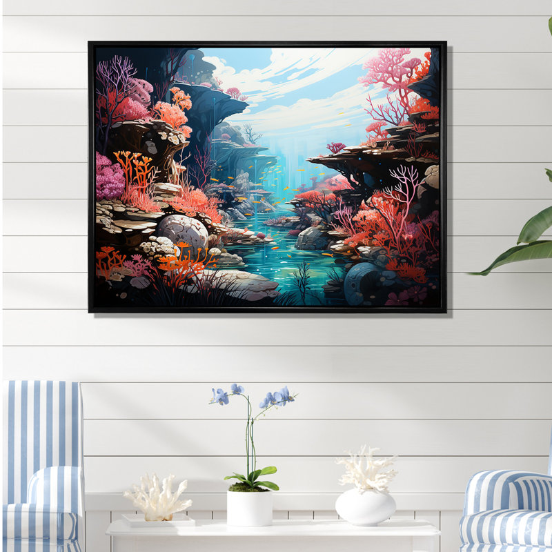 Coral World Expression - plage et océan, reproduction sur toile, Cadre flottant noir, H 34 po x l 44 po x P 1,5 po