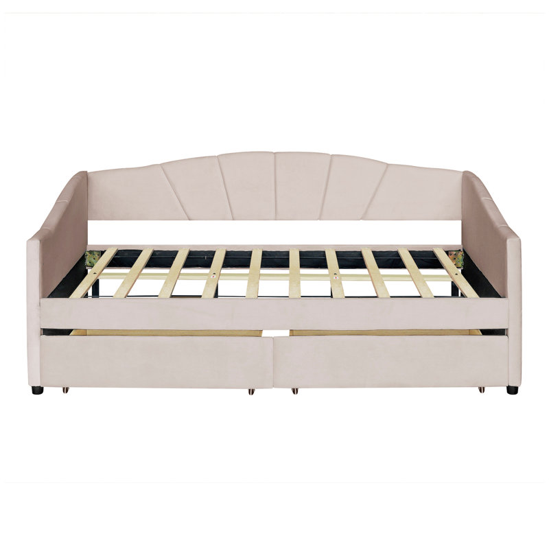 Upholstered daybed Twin Size with Two Drawers and Wood Slat, Beige