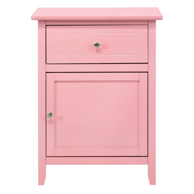 Charmante table de chevet rose - panneau de particules de H 25 po x l 19 po x P 15 po avec tiroir de rangement et porte pour un assemblage sans effort de meubles de chambre à coucher décontractés Hauteur Largeur Profondeur Simple