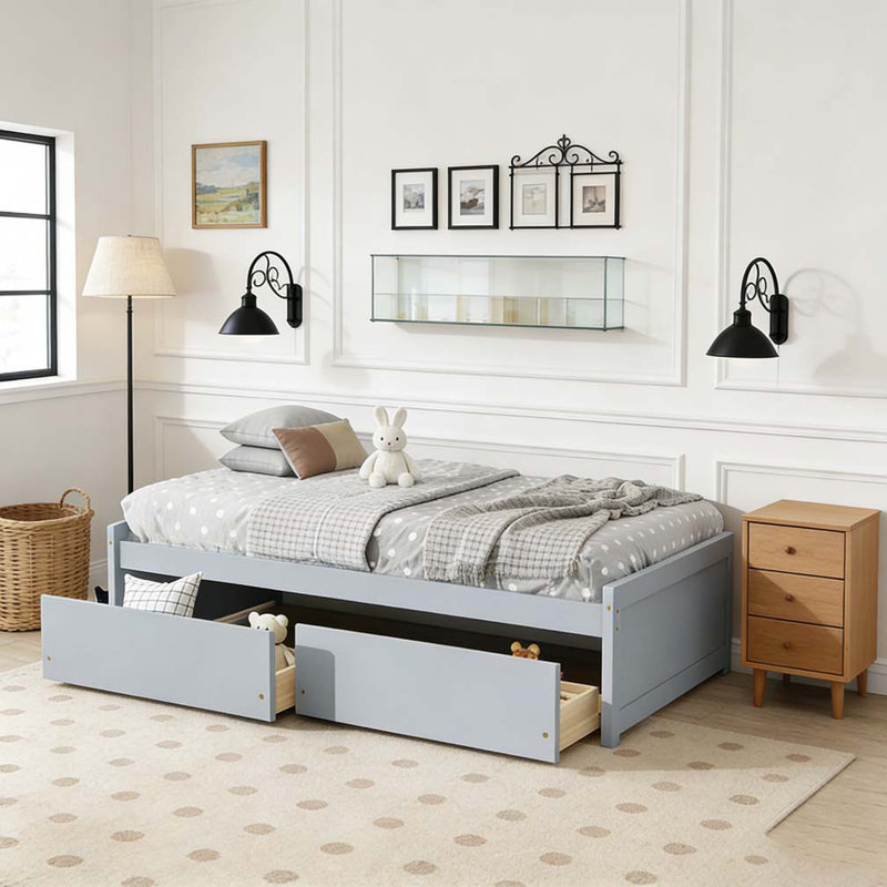 Lit simple en bois d'hévéa massif avec 2 tiroirs, gris
