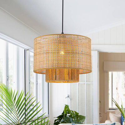 1-Light Bohemian Natural Rattan Drum Single Pendant