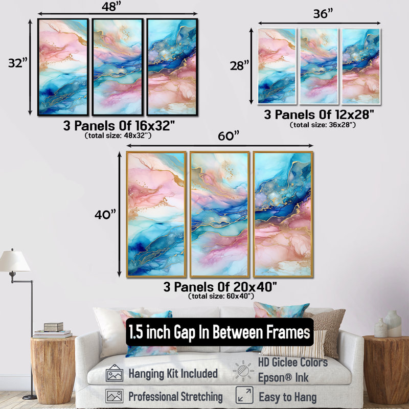 «Pink and Blue Glacier Sunrise I», ensemble d'art mural sur toile à formes abstraites, H 28 po x l 36 po x P 1 po