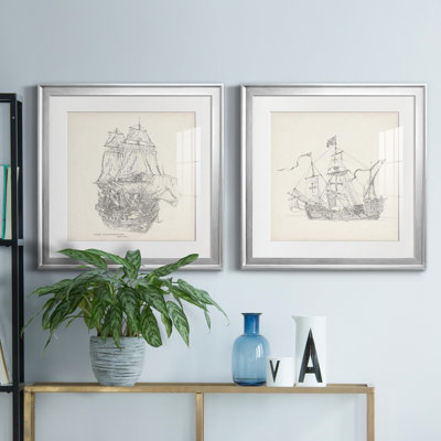 Croquis de bateau antique V, croquis de bateau antique V - ensemble de 2 reproductions de dessins encadrés
