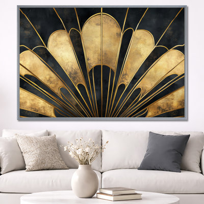 Gold Geometric Canvas, Art Deco Wall Art, Golden Fan Geometry