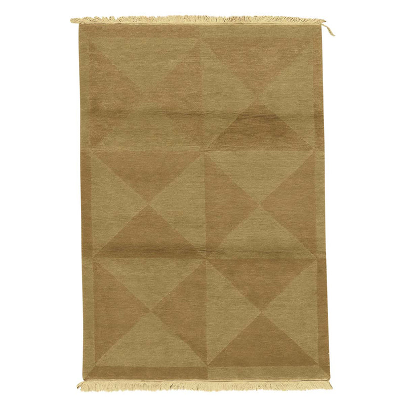 Tapis géométrique vert pâle / doré en laine noué à la main 4 pi x 6 pi