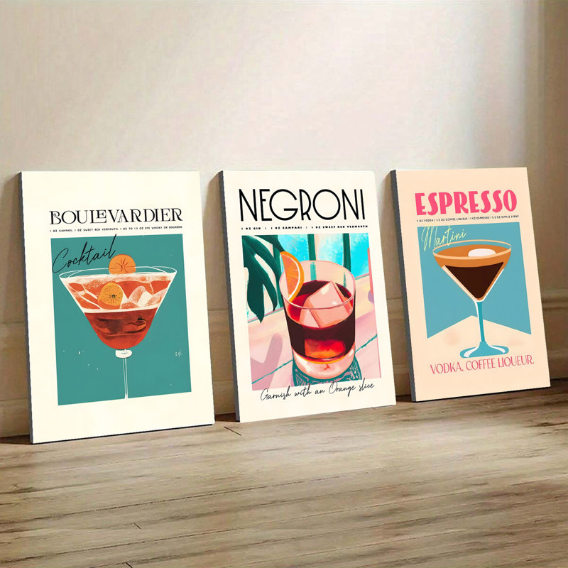 Ensemble de 3 affiches encadrées de style vintage sur le thème des cocktails : Boulevardier, Negroni et Espresso Martini. Décoration murale idéale pour la cuisine, le bar ou le pub. Illustration rétro sur toile.