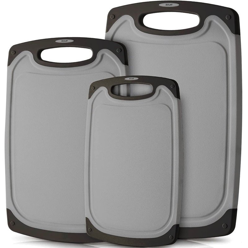Zulay Kitchen 3-Piece Set Plastic Cutting Boards with Juice Grooves, Gray