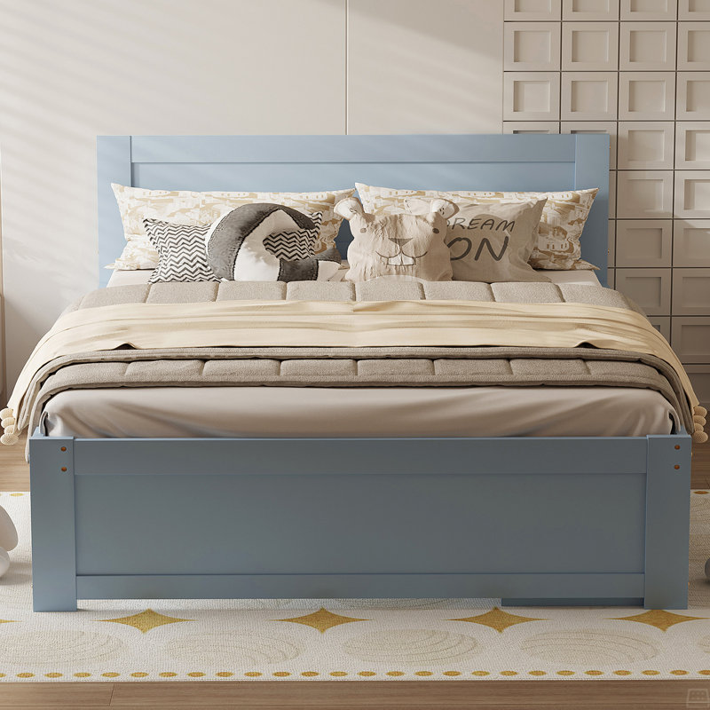 Lit plateforme double avec tiroir et deux tablettes, Gris, Lit double