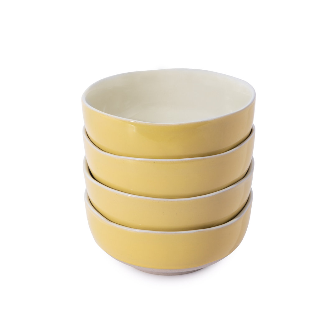 Jamie Oliver Big Love Brilliant Bowls, Set of 4 Durable Yellow Stoneware Cereal Bowls with Raw Base, 16cm
