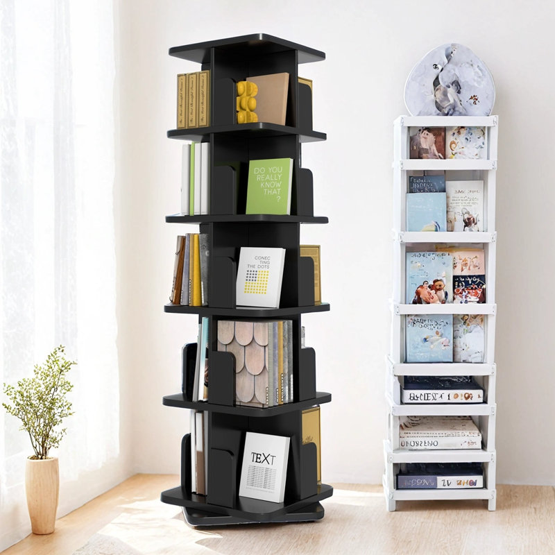 Black Rotating Bookshelf, 360 Display 5 Tier Rotating Bookshelf Tower, Floor Standing Revolving Bookcase, Wooden Small Bookshelf For Small Spaces, And Living Room